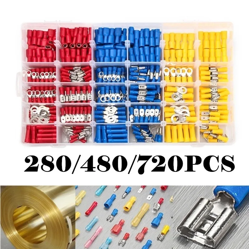 720/480/280PCS Assorted Insulated Electrical Wire Crimp Connectors Spade Terminals Butt Ring Fork Set Ring Lugs Terminal Mix Kit