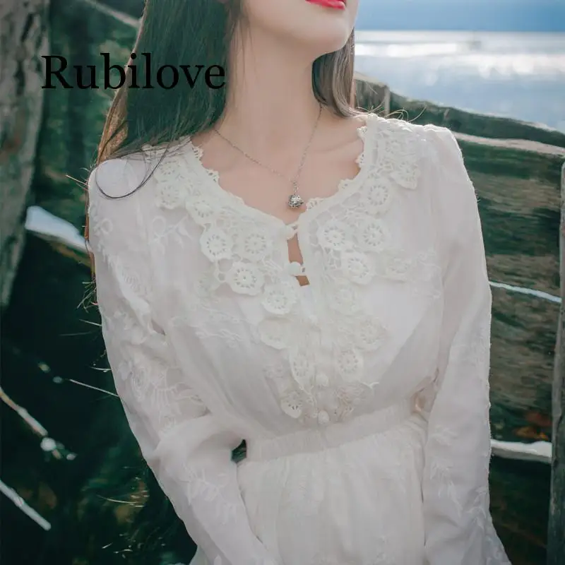 Rubilove Boho Летнее Женское Платье макси с вышивкой с длинным рукавом белая кружевная длинная туника пляжное платье праздничная одежда