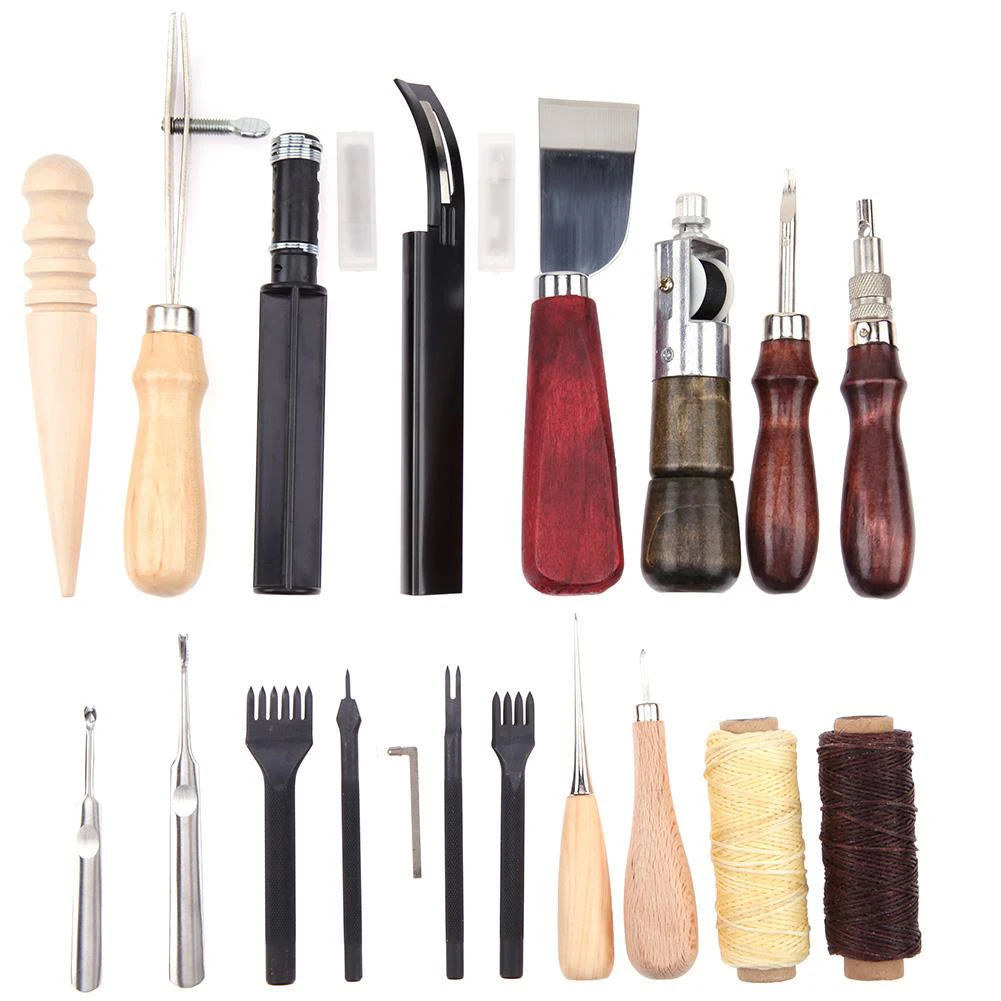 

Leather Craft Tools 18Pcs Kit Hand Sewing Stitching Punch Carving Work Saddle DIY Leathercraft Sewing Set Gift