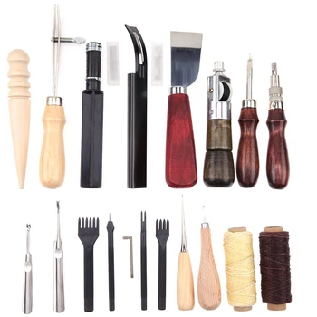 

Leather Craft Tools 18Pcs Kit Hand Sewing Stitching Punch Carving Work Saddle DIY Leathercraft Sewing Set Gift