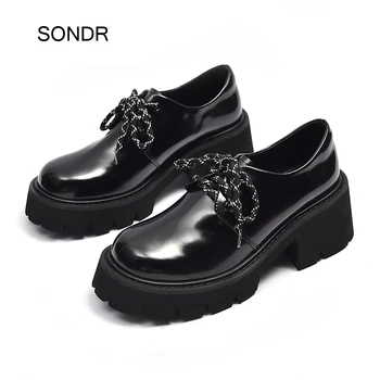

Retro British Style Shoes Women Flats Thick Heels Cross-tied 2020 Spring Brand Lady footware Female zapatos de mujer Black Shoes