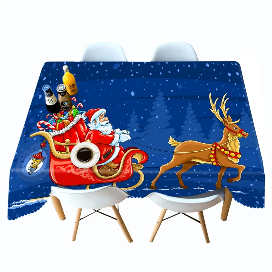 3d Christmas Tablecloth Snow Santa and Elk Pattern Thick Cotton Cloth Rectangular Round Table Cloth for Christmas