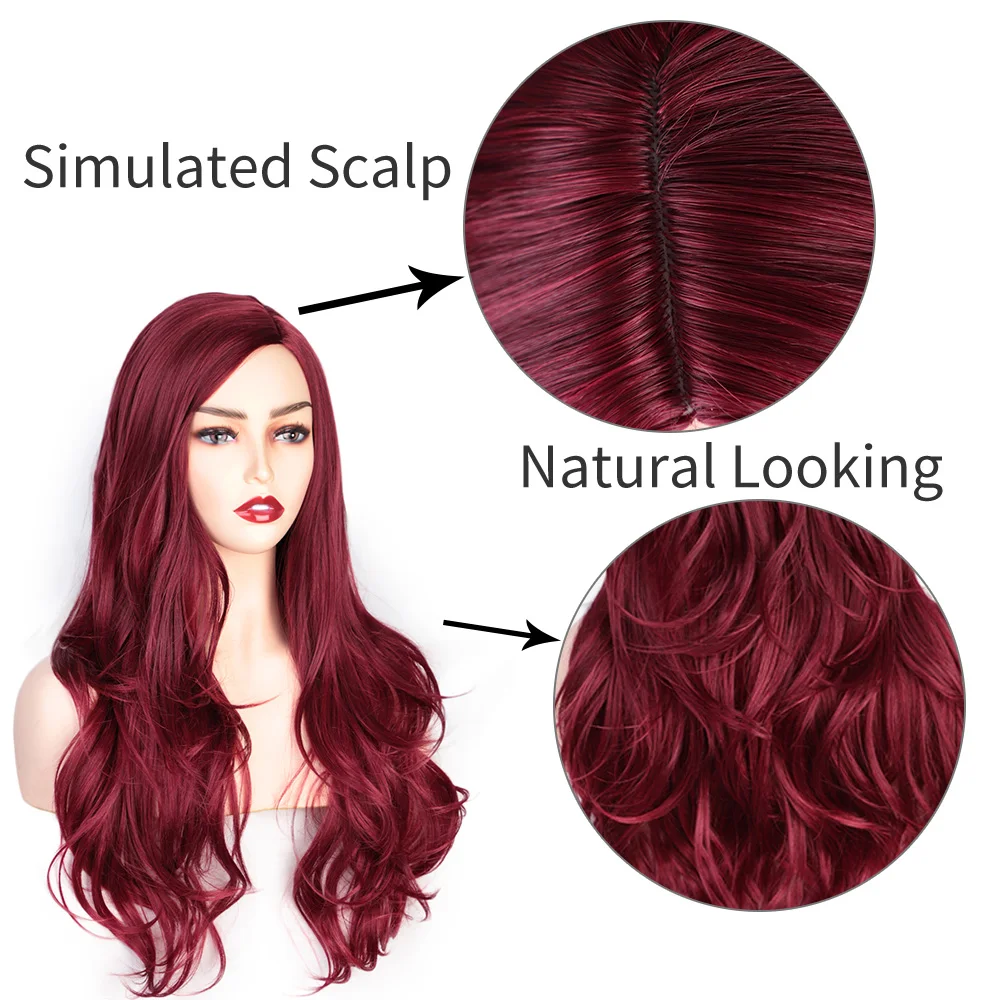 AISI QUEENS Red Wig for Women Long Wavy Synthetic Wig Cosplay Black Pink Wigs Free Parts Natural High Temperature Fiber