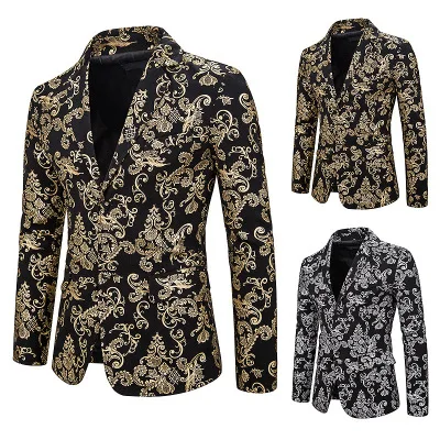 

Gold Jacquard Bronzing Floral Blazer Men 2019 Brand New Mens Patchwork One Button Blazer Jacket Party Stage Singer Costume Homme