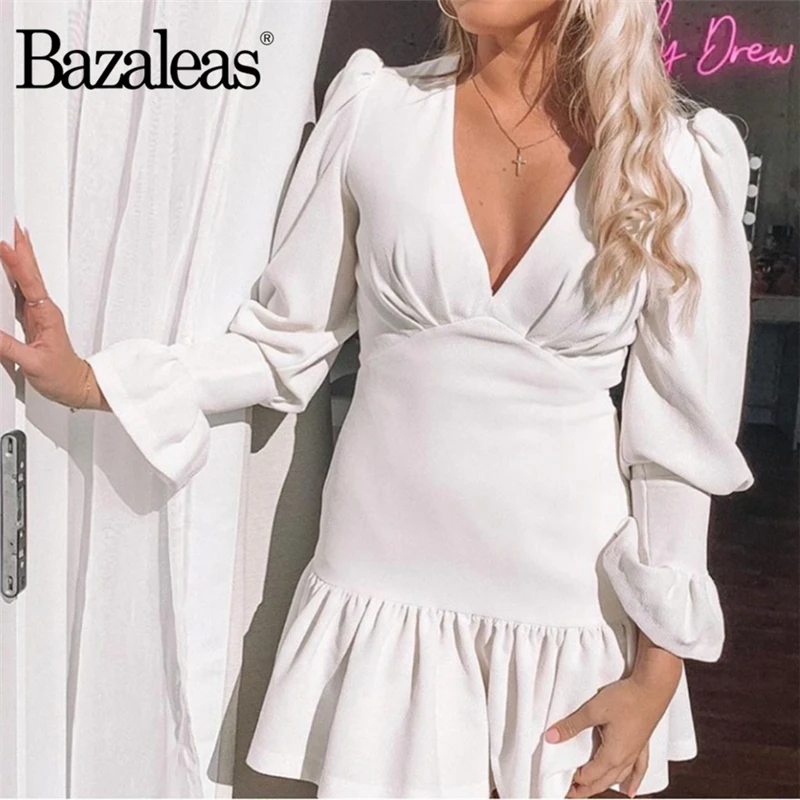 Bazaleas Ретро белая молния сзади vestido Повседневная Прямая поставка винтажное тонкое платье с v-образным вырезом расклешенное женское платье с длинными рукавами и оборками