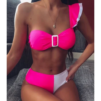 

2020 Sexy One Shoulder Summer Ruffle Bikini Women Swimsuit High Waist Bikinis Set Female Swimwear Women Beachwear Bathing Suit