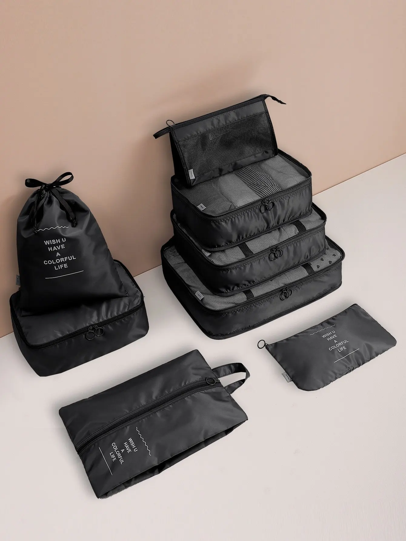 8pcs Slogan Graphic Travel Packing Bag One size Black 8 Pcs Yes Travel 
