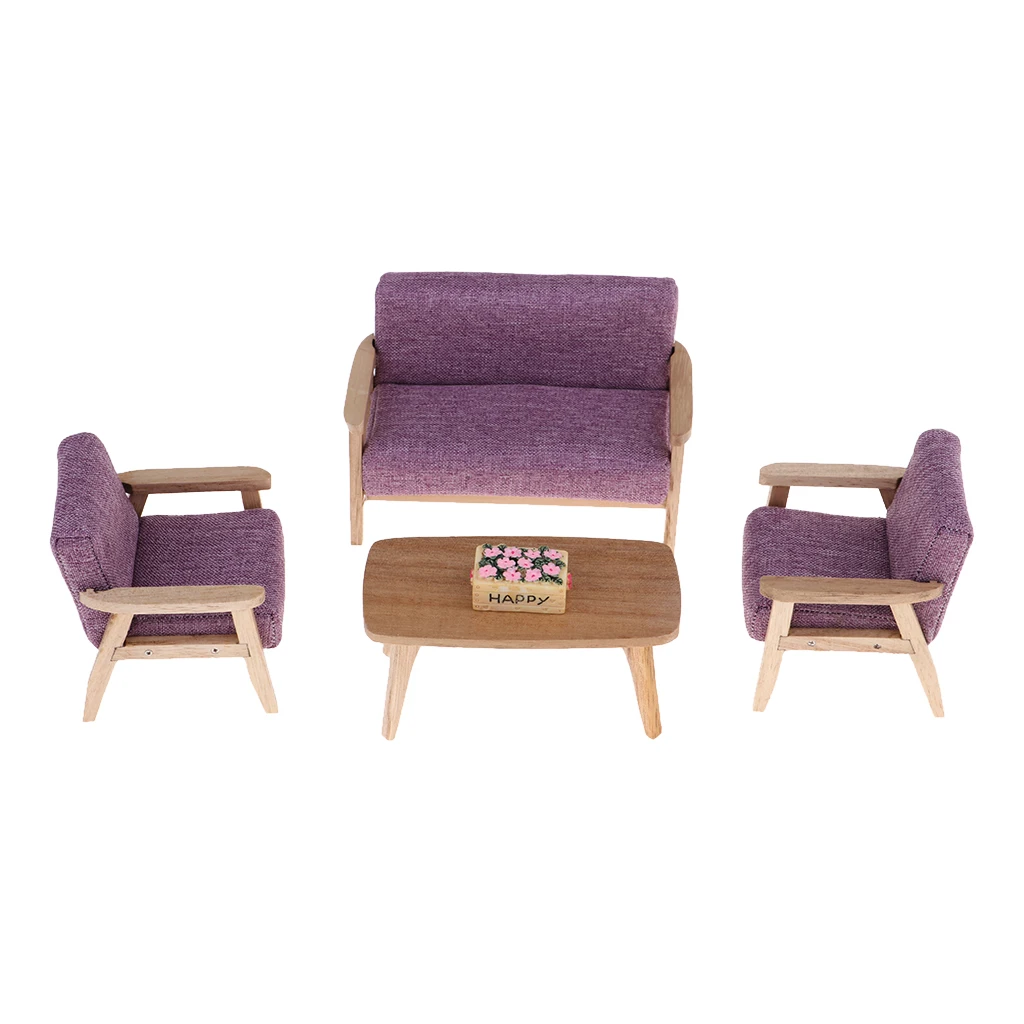 1:12 Scale Dollhouse Wooden End Table Sofa, and Flower Basket 5pcs/set, for Dolls House Living Room Bedroom Decor (Purple)