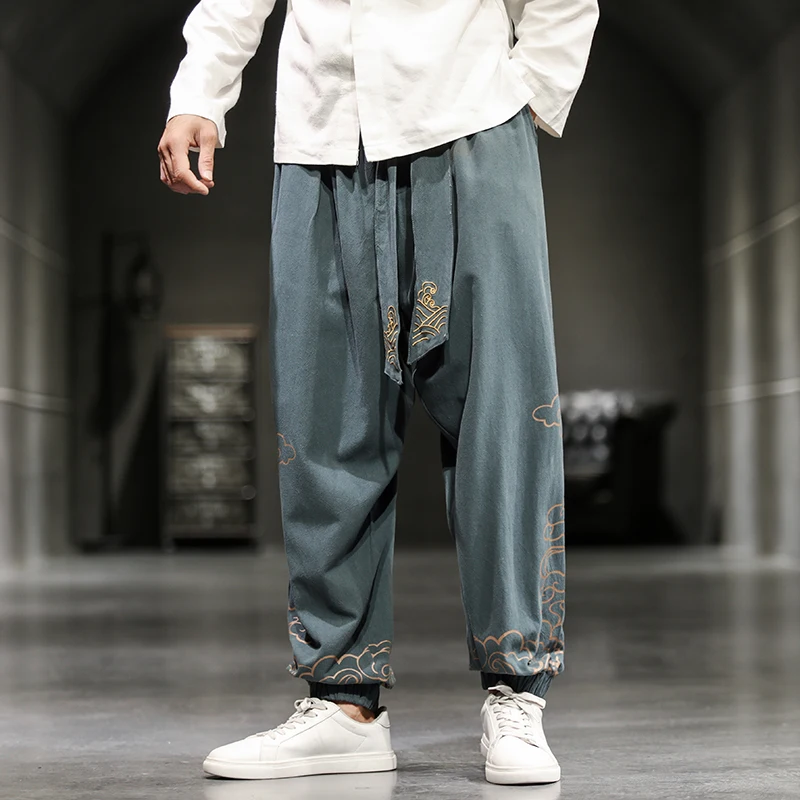 Wide Leg Pants Wide Leg Sweatpants Men's Oversize Wied Leg Pants Harajuku Cotton Linen Casual Trousers Male Embroidery Jogging Sweatpants Streetwear