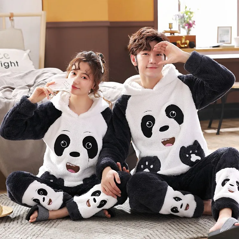 

Coral Velvet Couples Pajamas Women's Autumn And Winter Cute Brushed And Thick Flannel Men's Winter Hooded Homewear Set