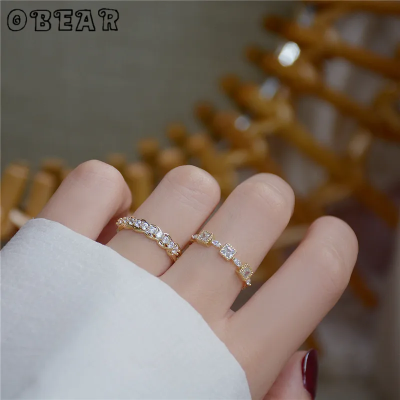 OBEAR 14k Gold Micro-Set Zircon Square Open Ring for Women Simple Temperament Jewelry Accessories