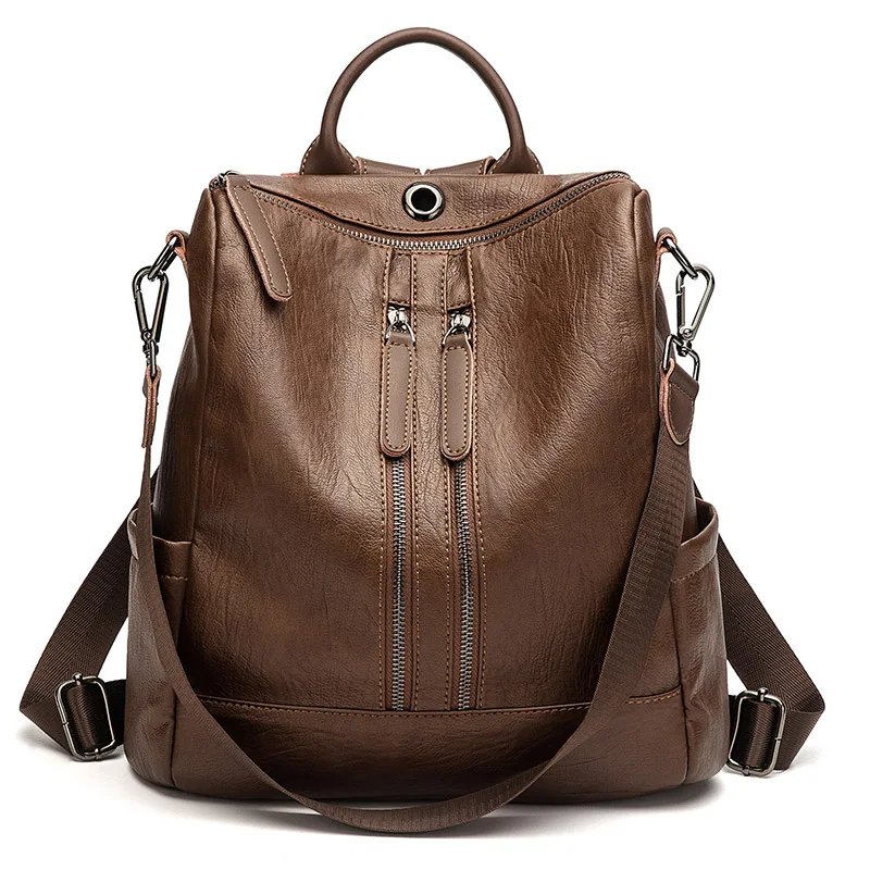 Double Zipper Coffee Женский рюкзак mochila feminina, повседневный многофункциональный женский кожаный рюкзак, женская сумка через плечо, сумка для путешествий - Цвет: Double Zipper Coffee