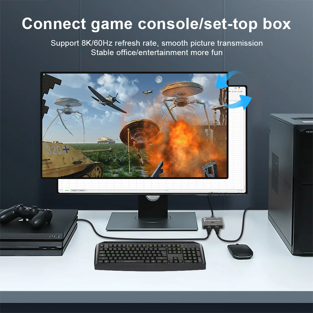 Συμβατός με HDMI 8K HD 2.1 Αμφίδρομος Διακόπτης 8K@60Hz 4K@120Hz 1 ίντσα 2 έξοδοι 2 ίντσες 1 έξοδος Διαχωριστής υψηλής ταχύτητας 48Gbps για Xbox X PS5_voghion.com