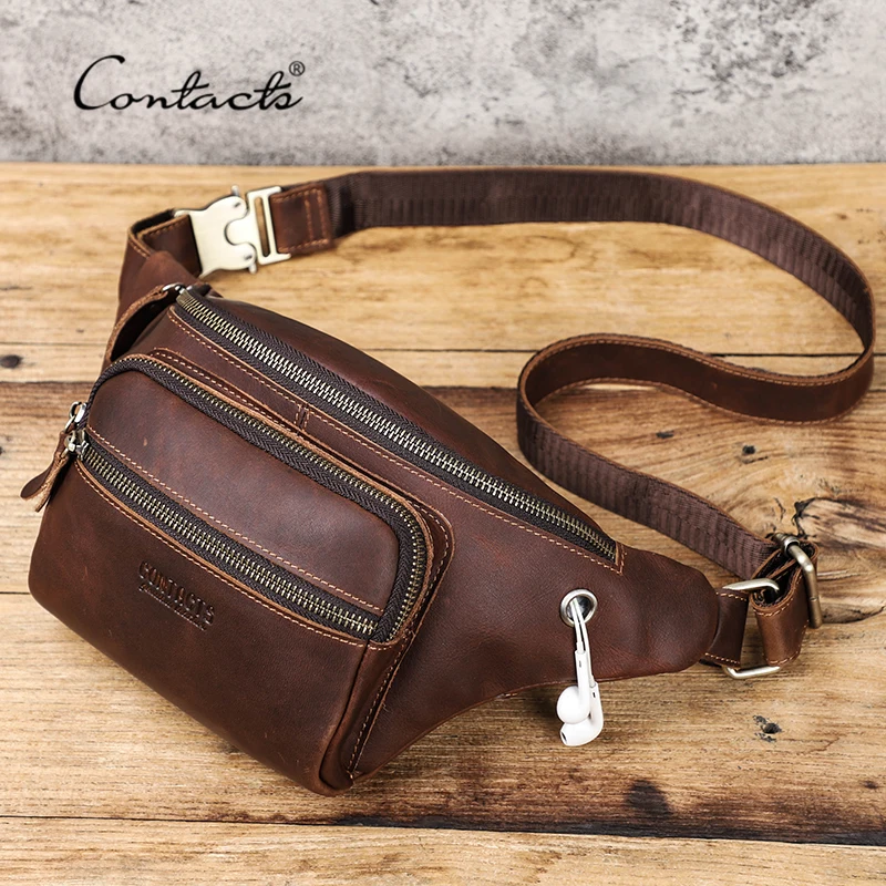 

CONTACT'S Crazy Horse Leather Waist Bag Fanny Pack Large Capacity Sling Bag for Men Casual Leather Chest Bags with Phone Pouch