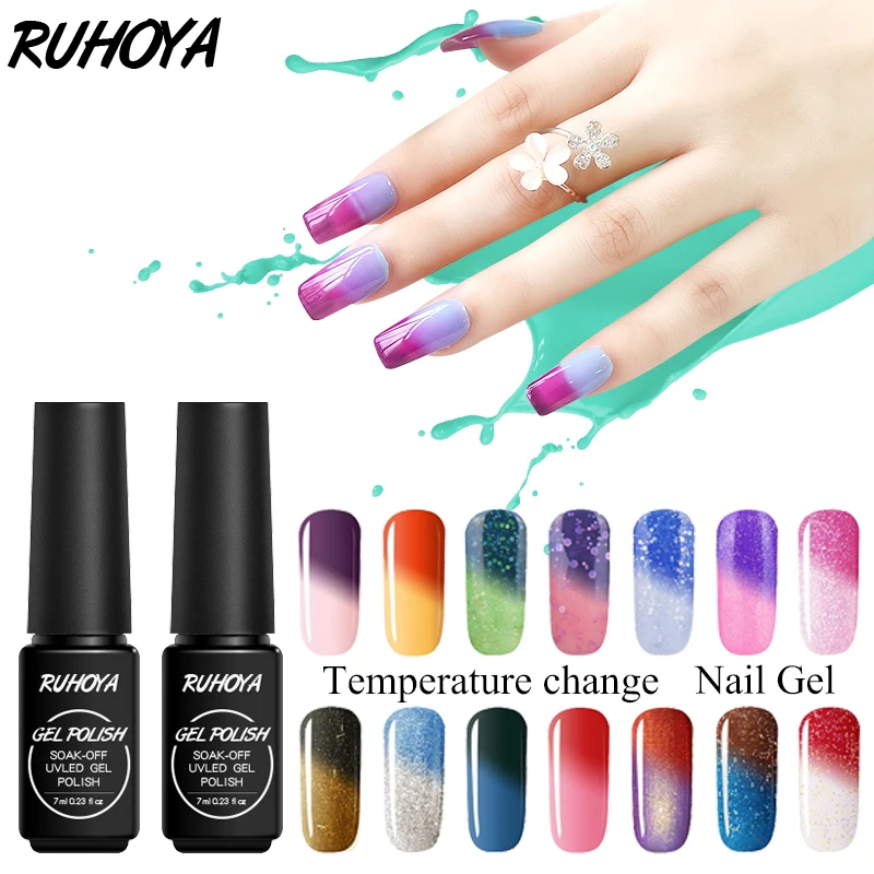

Ruhoya Temperature Change UV Gel Varnish Gradient Colorful Lacquer Enamel Chameleon Top Base Coat Gel Thermo Gel Nail Polish