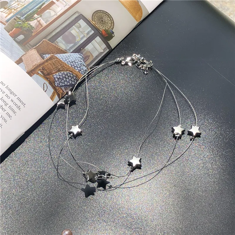 Модное Стильное многослойное ожерелье чокер серебряного цвета со звездами