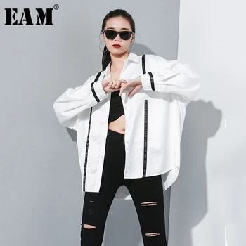 

[EAM] Women Contrast Color Split Big Size White Blouse New Lapel Long Sleeve Loose Fit Shirt Fashion Spring Autumn 2020 1A699