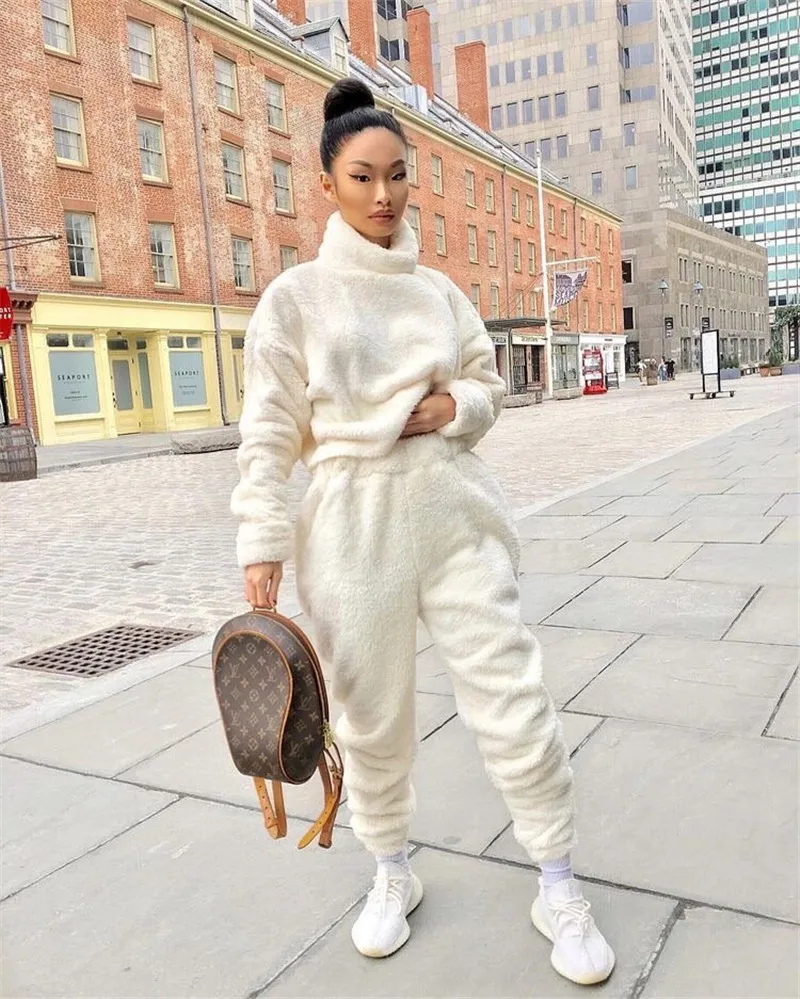 

Two Piece Outfits Women Loose Casual Clothes Winter Plush Solid Color Turtleneck Sweater High Waist Elastic Waist Trousers Set