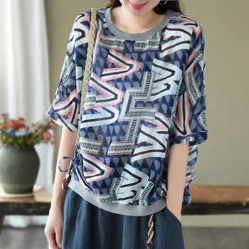 

Retro Women 2020 Summer T-shirt Casual Large size All-match Tops Ladies New O-Neck Short Sleeve Print Geometric Loose T-shirt