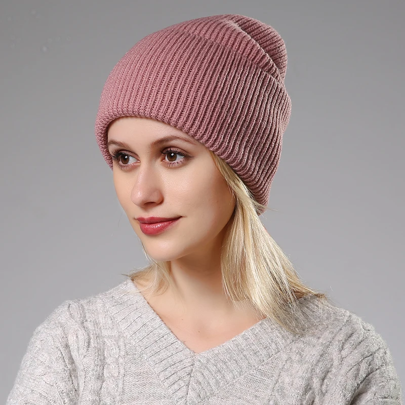 Pink Новинка, зимняя однотонная шерстяная вязаная шапка, женская модная повседневная шапка, теплая женская мягкая утолщенная шапка, вязаная шапка-носок, шапка для катания на лыжах - Цвет: Pink