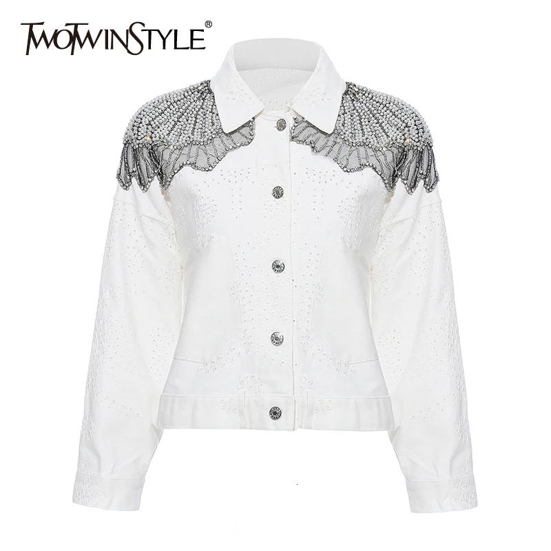 TWOTWINSTYLE, белые женские пальто с вышивкой из кусков, с бисером, воротник с лацканами, длинный рукав, Женское пальто, осенняя мода, новинка