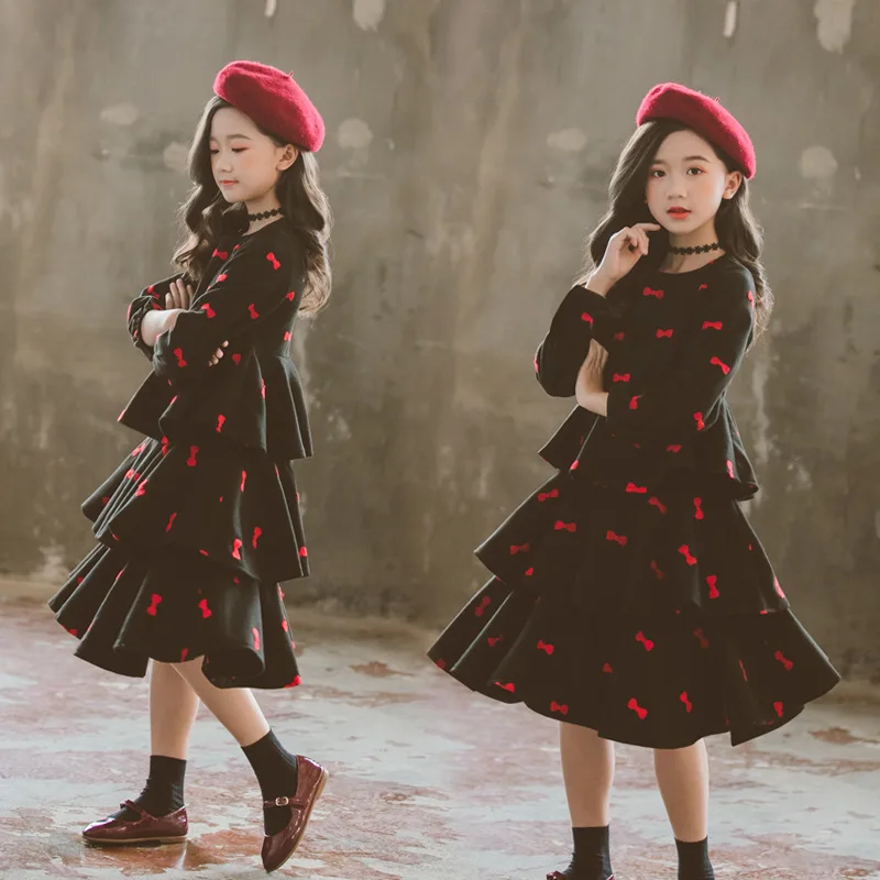 new Autumn winter baby princess dress layered girls dress velvet embroidered bow Korean children fashion dress,#5339