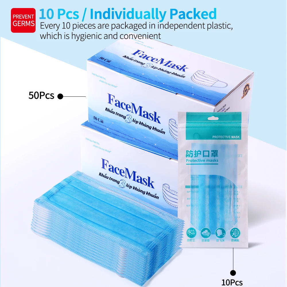 

10/20/30/50/100/150/200 pcs Disposable Face Mask Anti Dust Fog Mouth Face Mask3-layer Non-Woven Ear Loop Masks Protection Soft