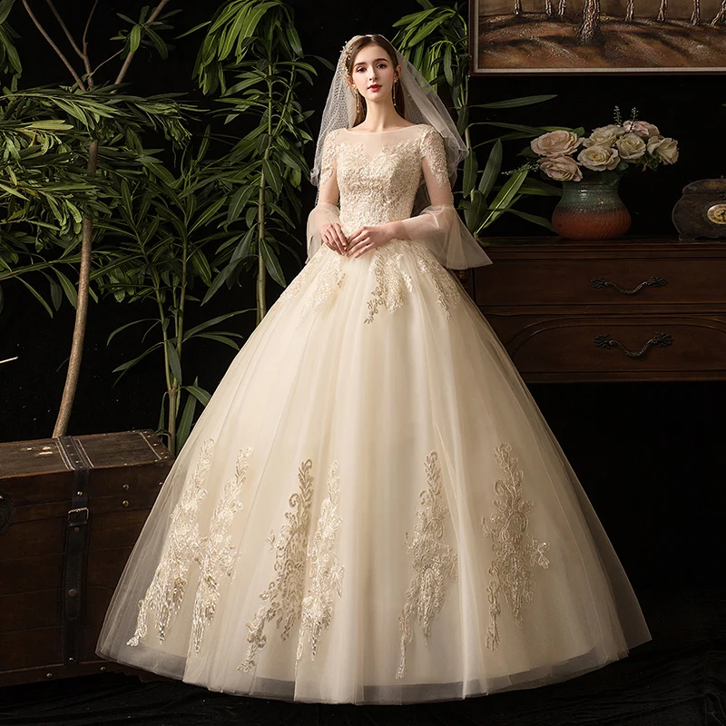 Новое свадебное платье с длинными расклешенными рукавами Vestido De Novia осеннее стильное простое кружевное свадебное платье с круглым вырезом сзади милое шампанское