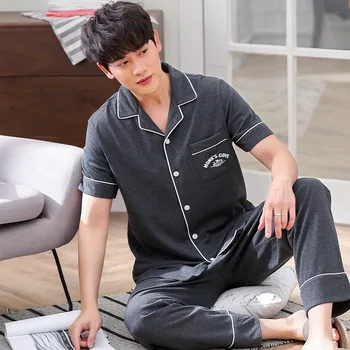 

2020 New Style Pajamas Men Summer Short-sleeved Trousers Pure Cotton Cardigan Thin Middle-aged Tracksuit Summer Set