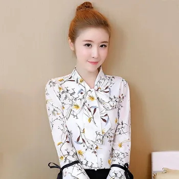 

Spring Small Fresh Cool Sweet Floral Chiffon Blouse Fashion Women Bow Collar Butterfly Sleeve Shirt