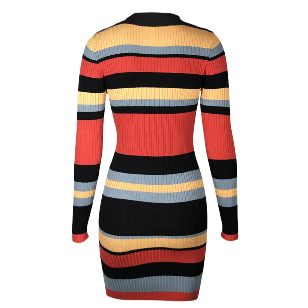 2019 осенне зимнее платье женское модное трикотажное с длинными рукавами и v