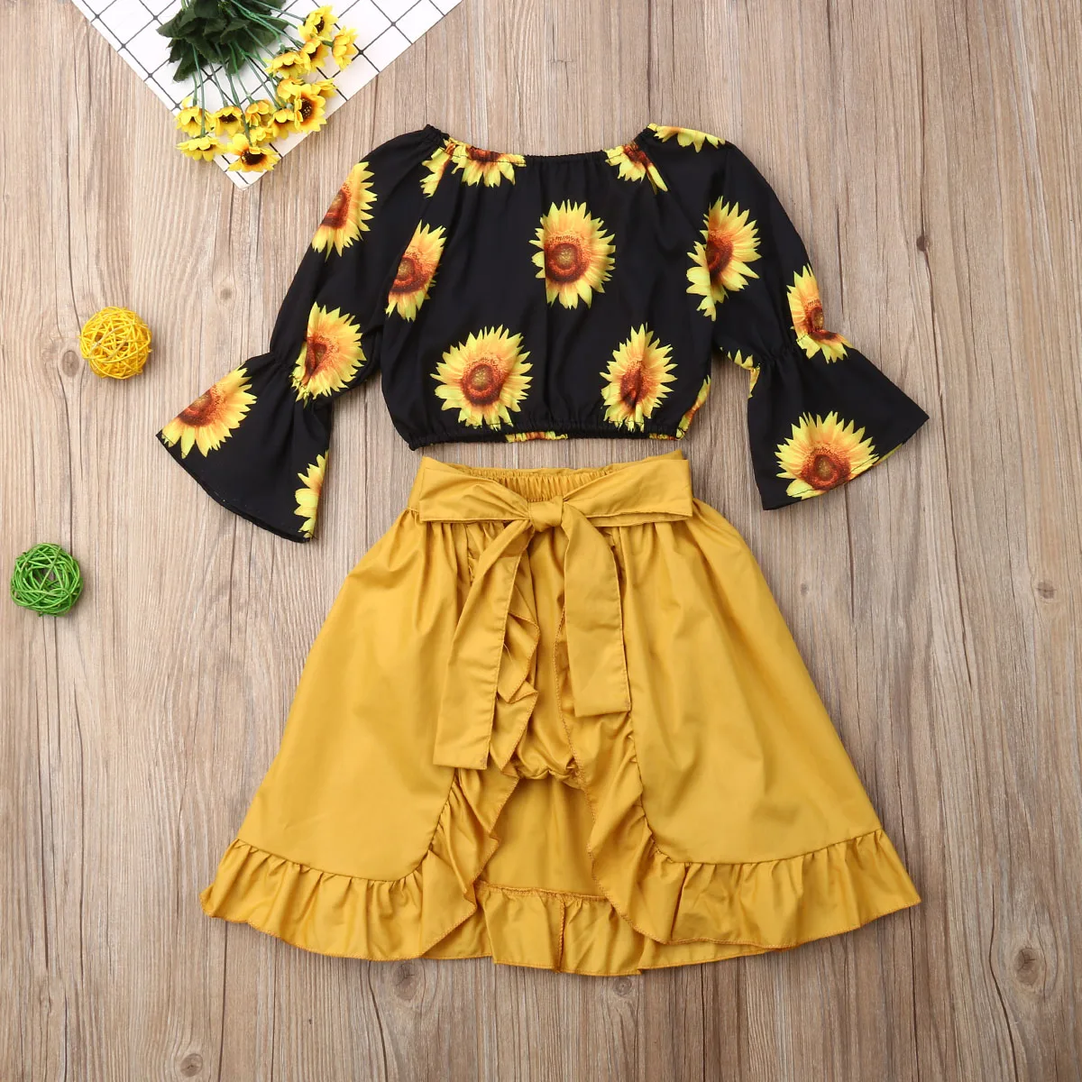 

Pudcoco Toddler Baby Girl Clothes Off Shoulder Sunflower Print Flare Long Sleeve Crop Tops Tutu Short Pants Skirt 3Pcs Outfits