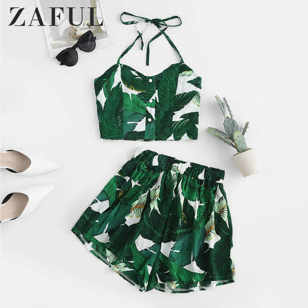 

ZAFUL Palm Smocked Back Button Embellished Halter Shorts Set Tropical Leaf Print Shirred 2 Pieces Suit Women Set Crop Top Shorts