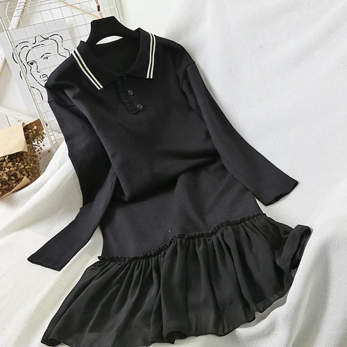 Новое модное женское осенне-зимнее платье-свитер, свободное шифоновое платье с отворотами и длинным рукавом, вязаное Повседневное платье - Цвет: Черный