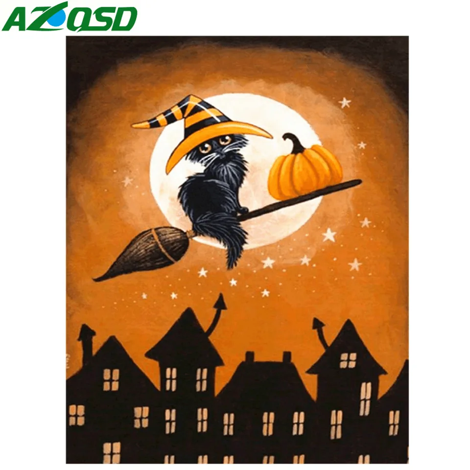 

AZQSD Halloween Diamond Embroidery Cat Diamond Painting Cartoon Rhinestones Pictures 5d Handmade Crafts Needlework Home Decor