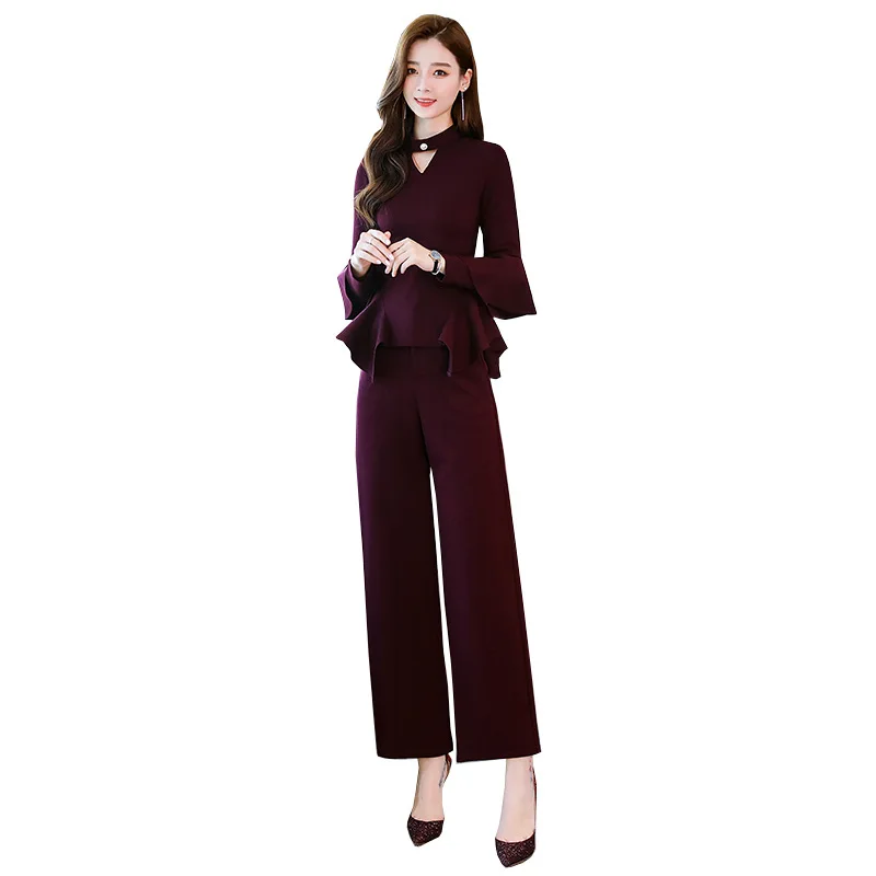 

Women's suit ruffled top wide leg pants set female autumn fashion temperament Slim office ladies wide leg pants two-piece