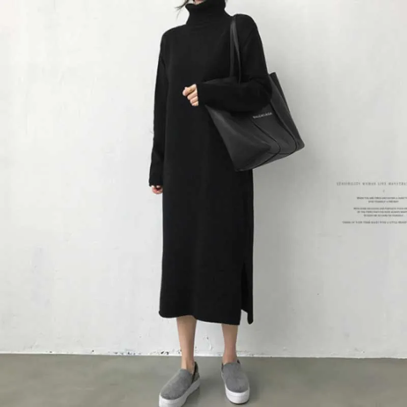 One-Piece For Female Knitted Sweater Long Dress 2020 Autumn Plus Size Loose High Neck Dress Women Winter Korean Thicken Dresses