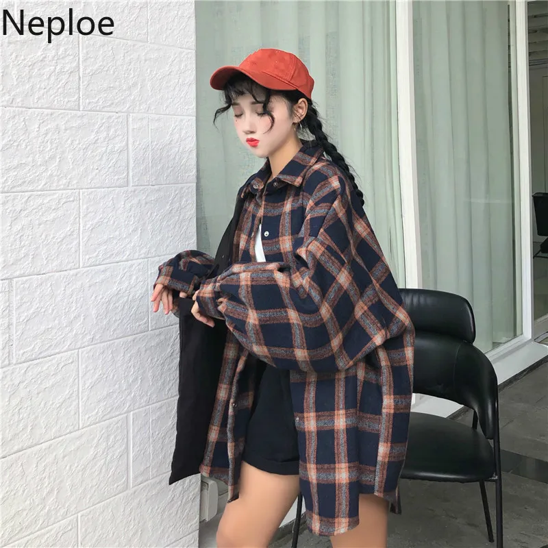 Neploe корейский Harajuku стиль винтаж Студенческая блузка куртка женская Свободная Повседневная клетчатая рубашка осень фонарь рукав Blusas 46024