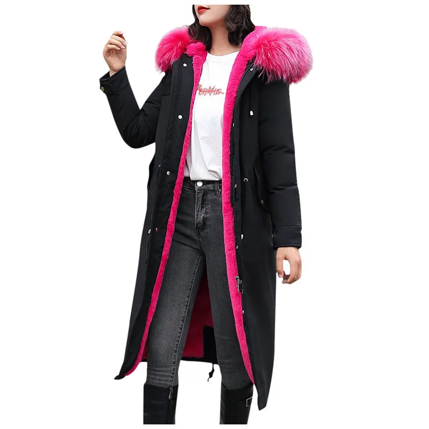 Hot Pink Женские куртки, Брендовая верхняя одежда, пальто из искусственного меха с капюшоном и пуговицами, Длинные однотонные куртки, пальто с карманами, зимние куртки для женщин - Цвет: Hot Pink