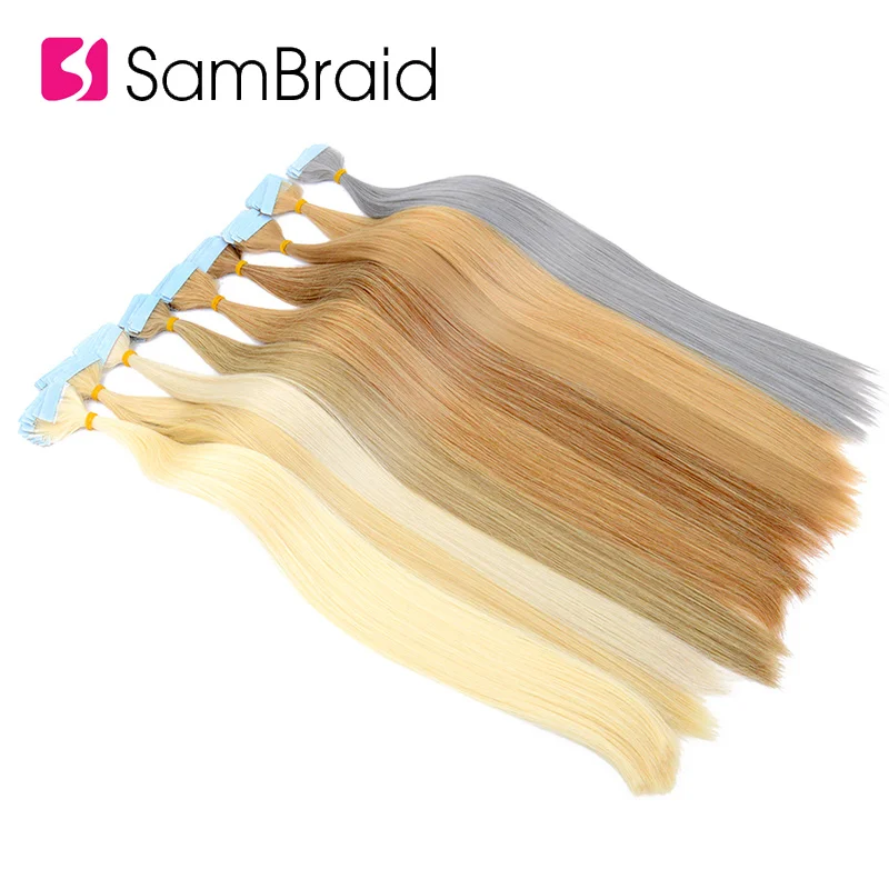 SAMBRAID Tape In Synthetic Hair Extension 22 Inch Pure Color Silky Straight Hair On Adhesive 40 Pieces/pack Skin Invisible
