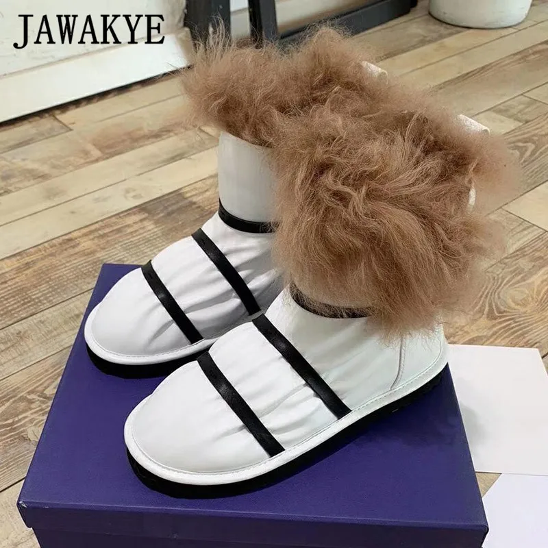 Winter Thick feaher Wool ankle boots Women Warm Flat fur Shoes Woman black white Strap Leather Boots Waterproof Snow Boots - Цвет: white