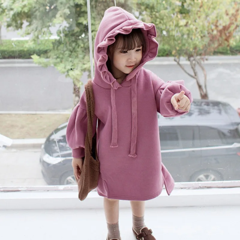 

Kids Hoodies Sweater Dress Baby Girls Fleece Solid Ruched Thick Pullover Lantern Sleeve Tops Dress Kids Girls