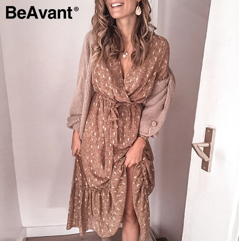 Женское платье с принтом BeAvant Элегантное повседневное пляжное длинным рукавом v
