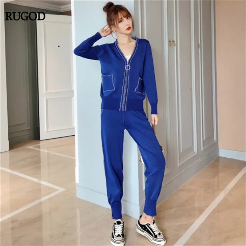 

RUGOD 2 Piece Pans Set Women V-neck Long Sleeve Solid Top With A Bandage Elastic Hight Waist Pants Casual Lady Knitted Set2019