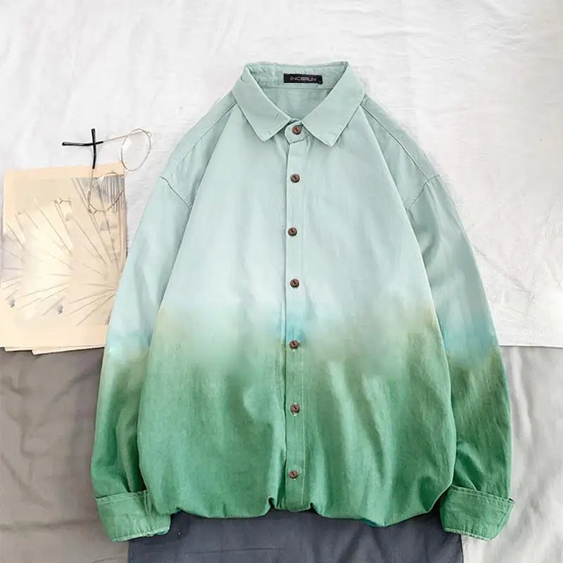 INCERUN, градиентная Мужская рубашка, хлопок, длинный рукав, Tie Dye, уличная одежда,, Повседневная мода, отвороты, брендовые рубашки, мужские блузки, высокое качество