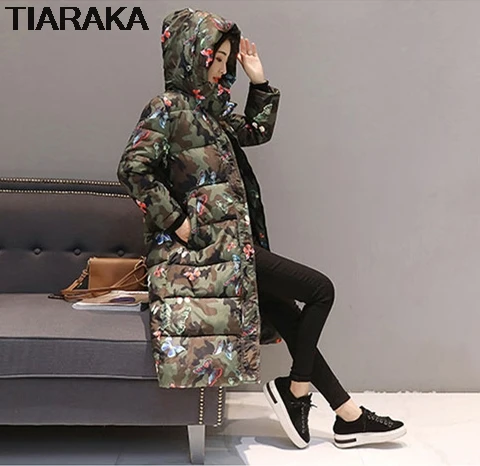 Nice New Hooded Colorful Winter Down Coat Jacket Long Warm Women Casaco Feminino Abrigos Mujer Invierno Parkas Outwear Coats - Цвет: army butterfly 12