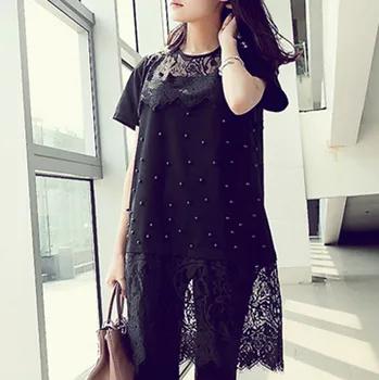 

Classic Fashion Casual Dresses For Women Lace Patchwork Solid Ladies Black Dress With Beading Midi Dress Women Vestido Mujer #3
