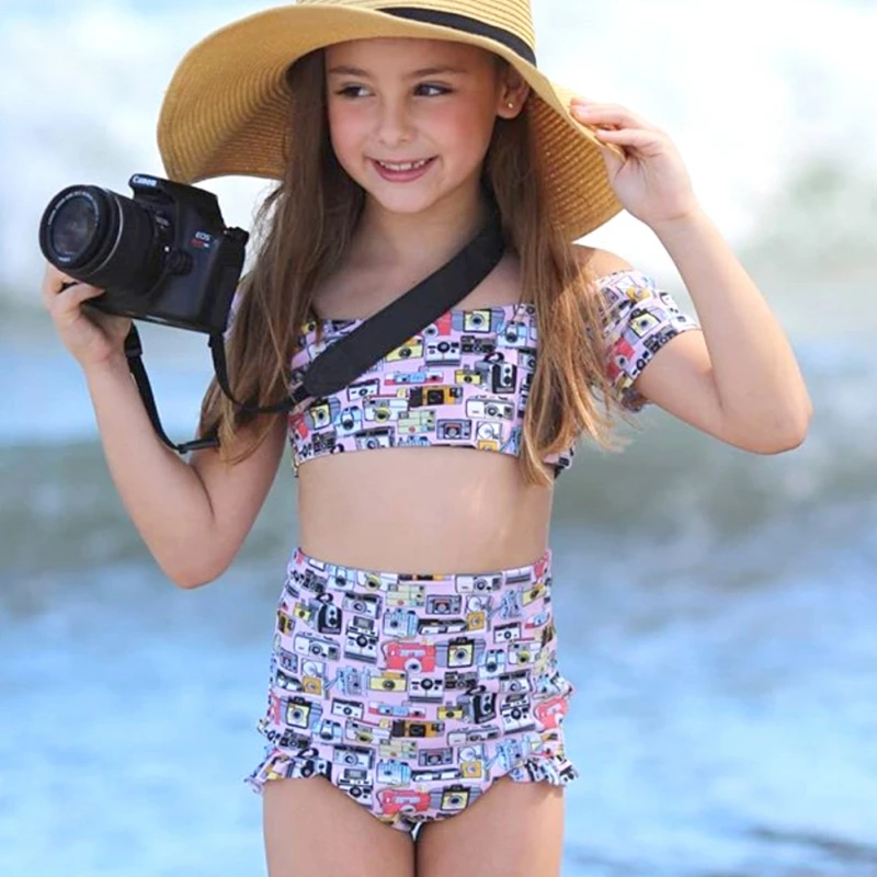 

New Swimwear Girls Swimming Costume Two Piece Swimsuit Camera Print Ruffles Swim Trunks Bathing Suit Set