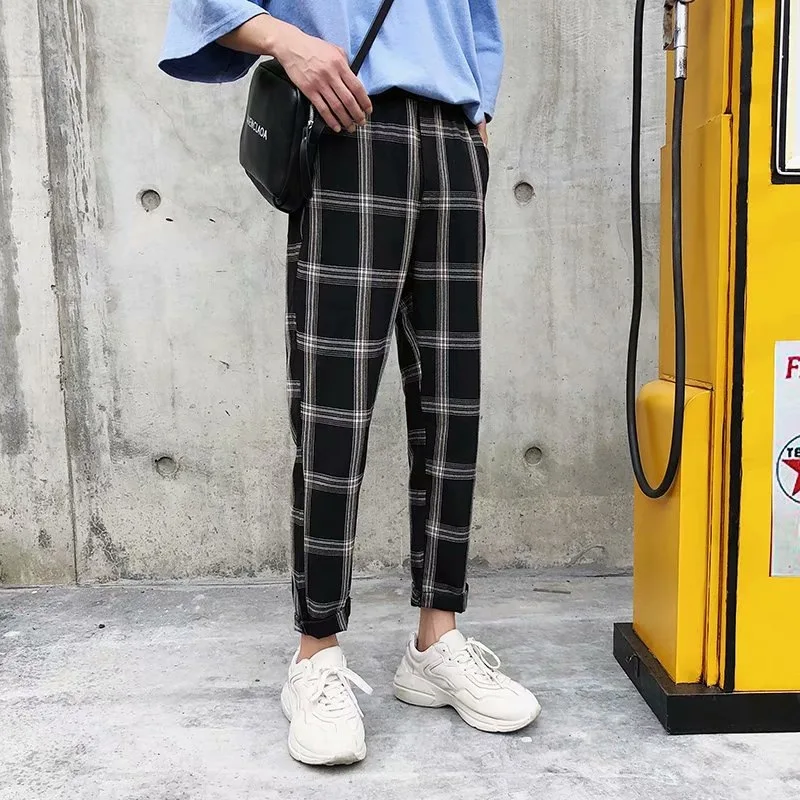 

K121 Hong Kong Style Plaid Capri Casual Pants Men Versatile Skinny Pants Korean-style Fashion Man Pants Teenager Students