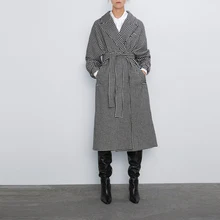 Осенне-зимнее длинное шерстяное пальто в клетку свободное теплое шерстяное комбинированный Тренч пальто кардиган верхняя одежда с поясом WB9619